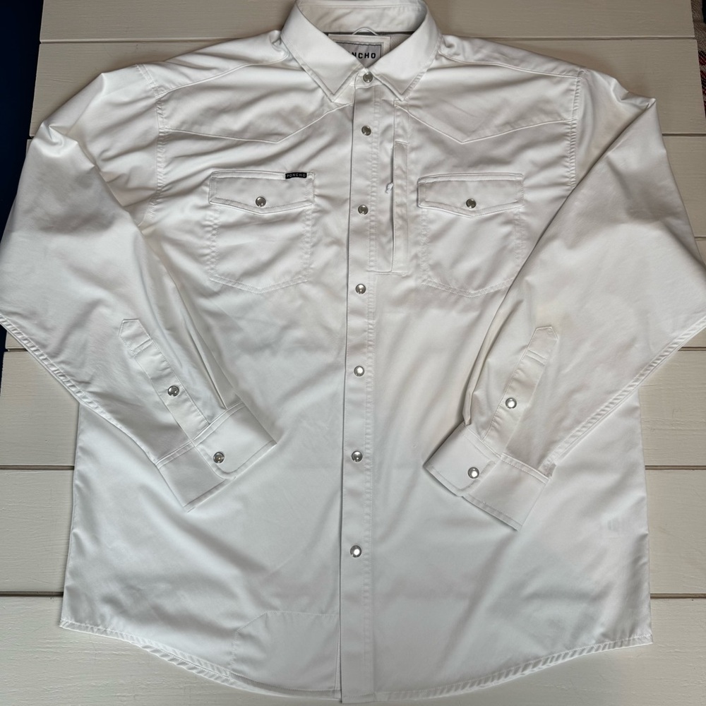 PONCHO Men's White Long Sleeve Western Pearl Snap-Button Shirt